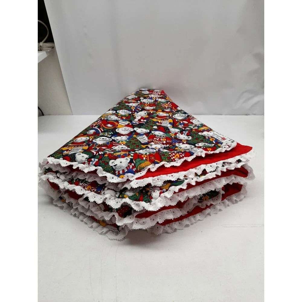 Octagonal Christmas Tree Skirt Red Teddy Bears Chorus Lace Trim Circle Handmade